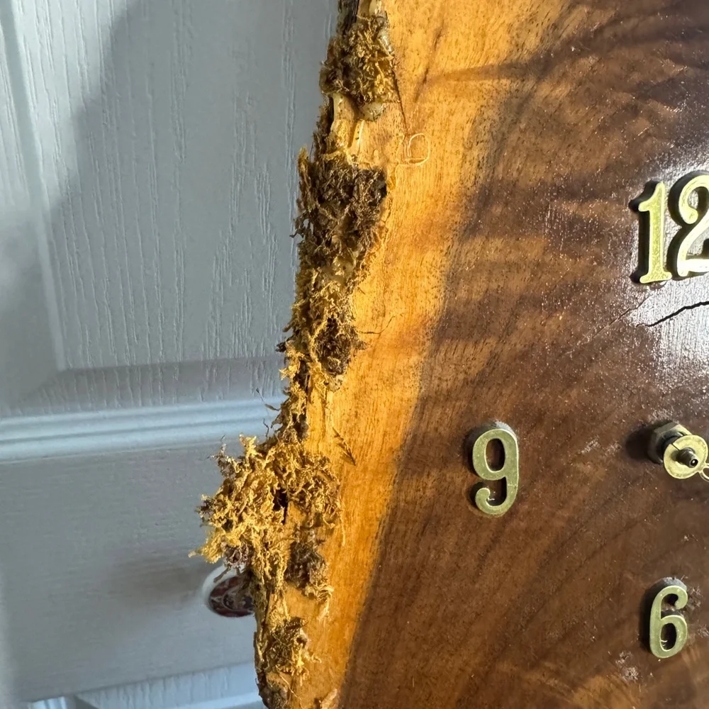 MCM wood slab with‎ painted owl clock signed JO 1979